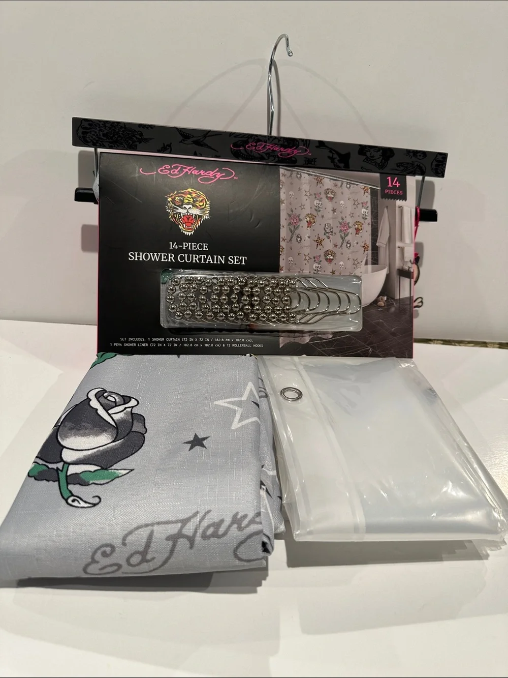 NWT Ed Hardy Roses/Tiger (14) Piece Shower Curtain Set with Fabric/Plastic.